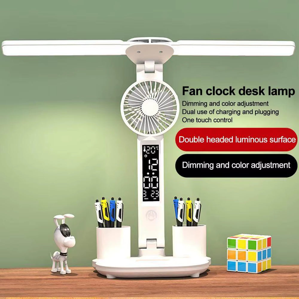 LED Desk Lamp Multifunction for Cell Phone Charger Alarm Clock Table Light with Fan Pen Holder Bedroom Table Reading Lamp