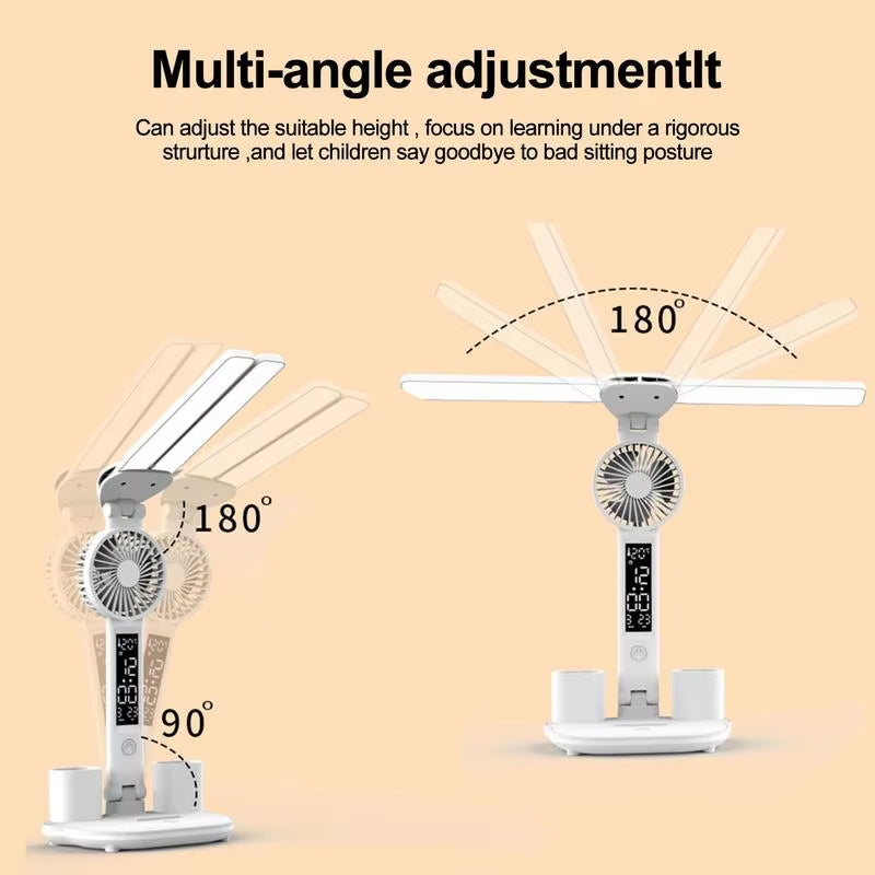 LED Desk Lamp Multifunction for Cell Phone Charger Alarm Clock Table Light with Fan Pen Holder Bedroom Table Reading Lamp