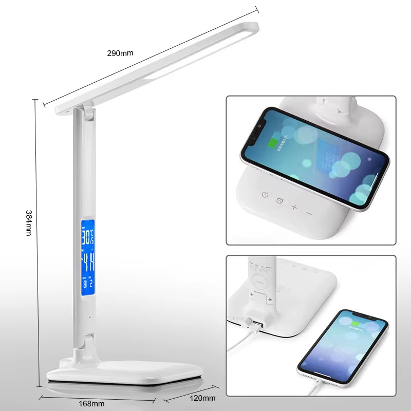 LED Desk Lamp Multifunction for Cell Phone Charger Alarm Clock Table Light with Fan Pen Holder Bedroom Table Reading Lamp