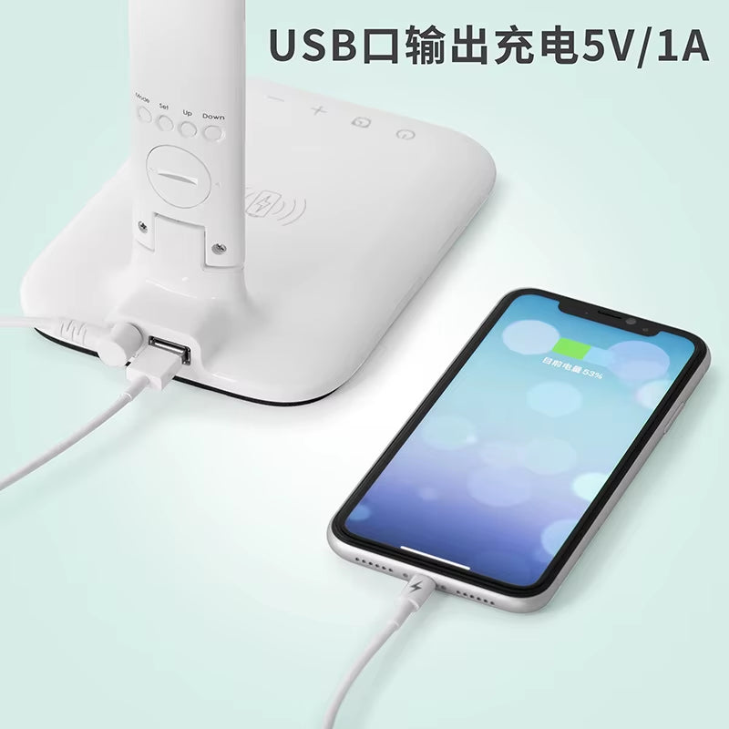 LED Desk Lamp Multifunction for Cell Phone Charger Alarm Clock Table Light with Fan Pen Holder Bedroom Table Reading Lamp