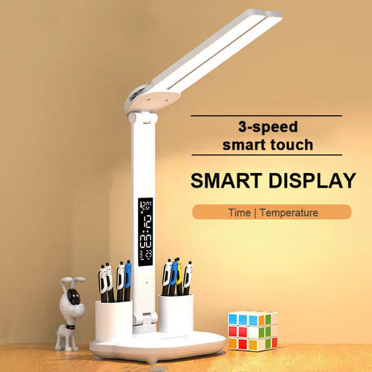 LED Desk Lamp Multifunction for Cell Phone Charger Alarm Clock Table Light with Fan Pen Holder Bedroom Table Reading Lamp