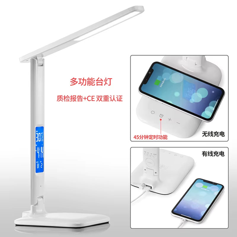 LED Desk Lamp Multifunction for Cell Phone Charger Alarm Clock Table Light with Fan Pen Holder Bedroom Table Reading Lamp