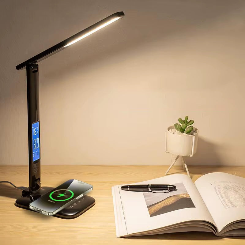 LED Desk Lamp Multifunction for Cell Phone Charger Alarm Clock Table Light with Fan Pen Holder Bedroom Table Reading Lamp