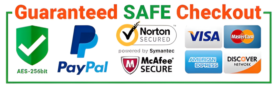 Checkout seguro: PayPal, Visa, MasterCard, American Express, Discover